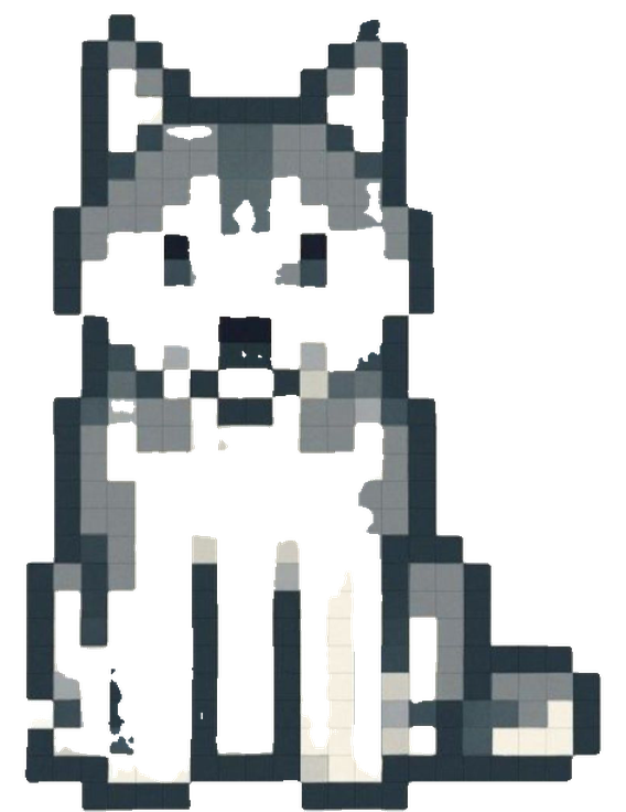 PIXKY, a husky made of charcoal, gray and cream pixel tiles, sitting upright