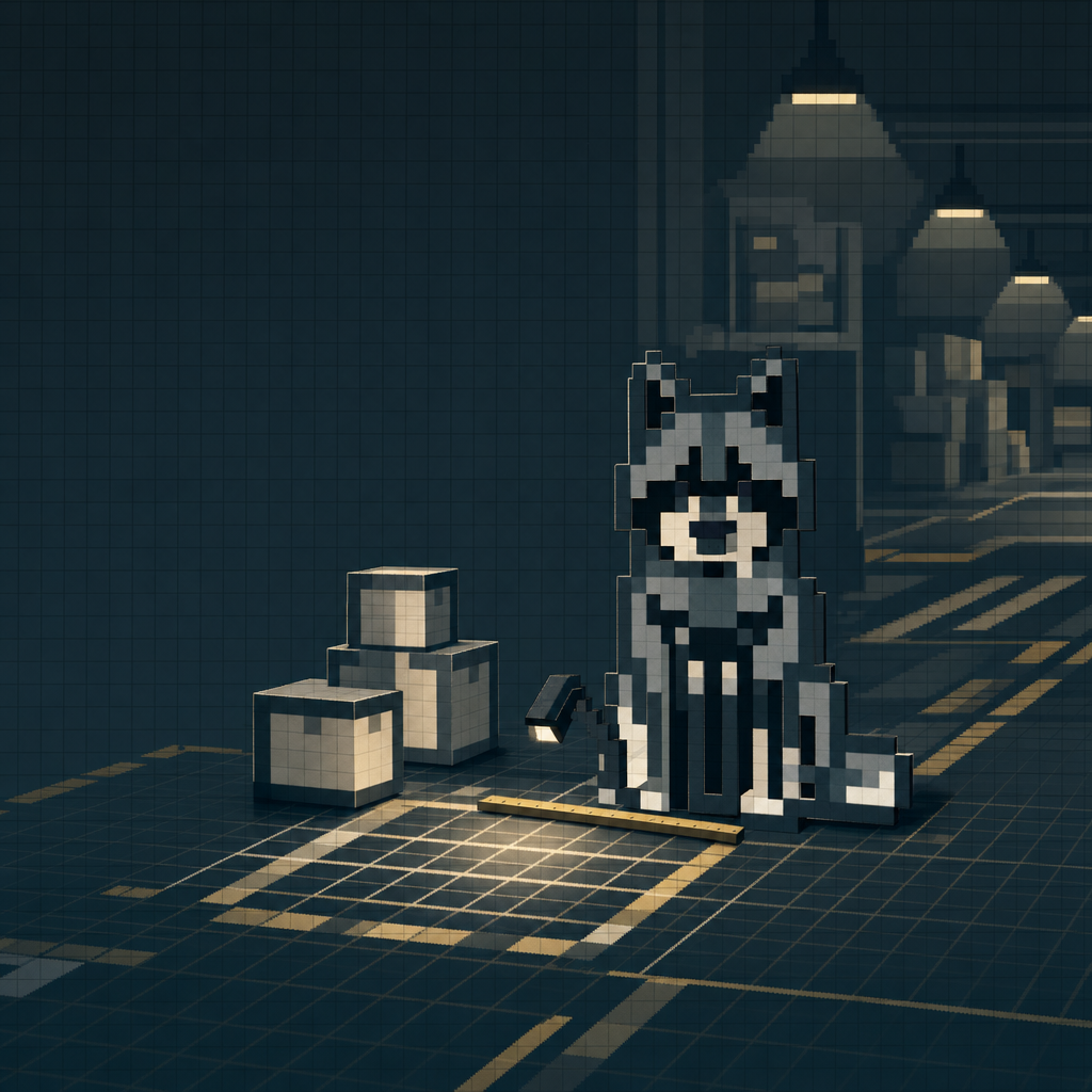 PIXKY sitting on a gridded depot floor at night beside stacked parcels, a small lamp and a ruler